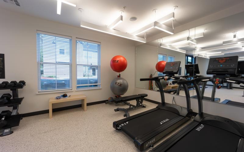 a room with exercise equipment and a desk with a computer